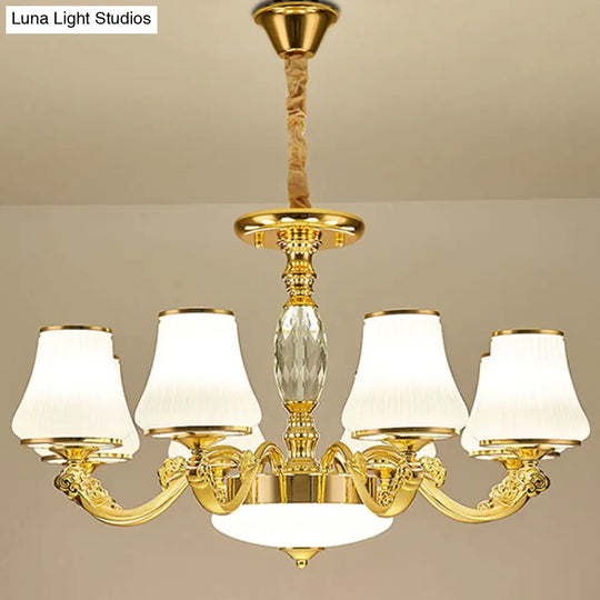 Contemporary Gold Chandelier Light Fixture - White Ribbed Glass Cone Ceiling Lamp 8 /