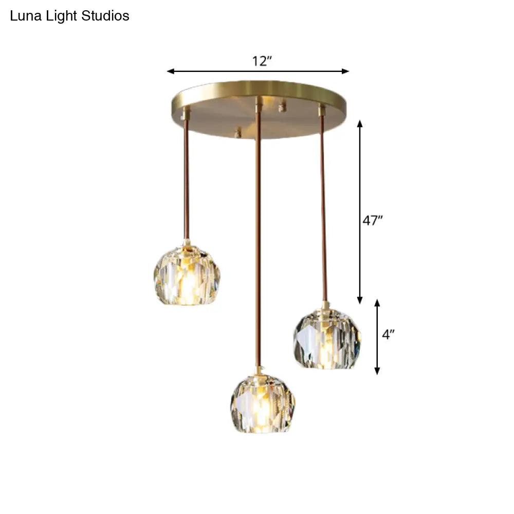 Contemporary Gold Cluster Pendant Light With Faceted Crystal Domed Hanging Lamp Kit