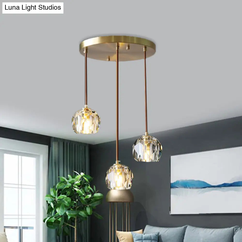 Contemporary Gold Crystal Pendant Light With 3 Heads - Stunning Cluster Design Domed Hanging Lamp