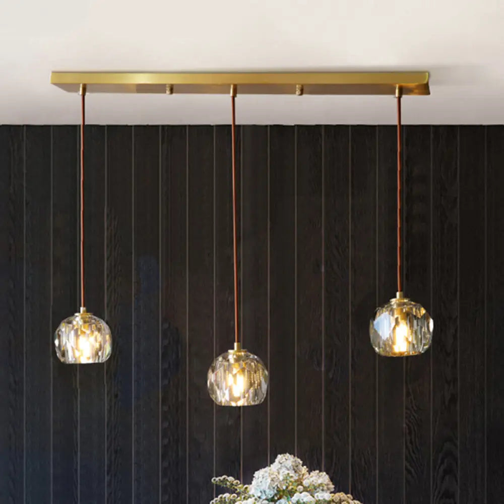 Contemporary Gold Cluster Pendant Light With Faceted Crystal Domed Hanging Lamp Kit / Linear