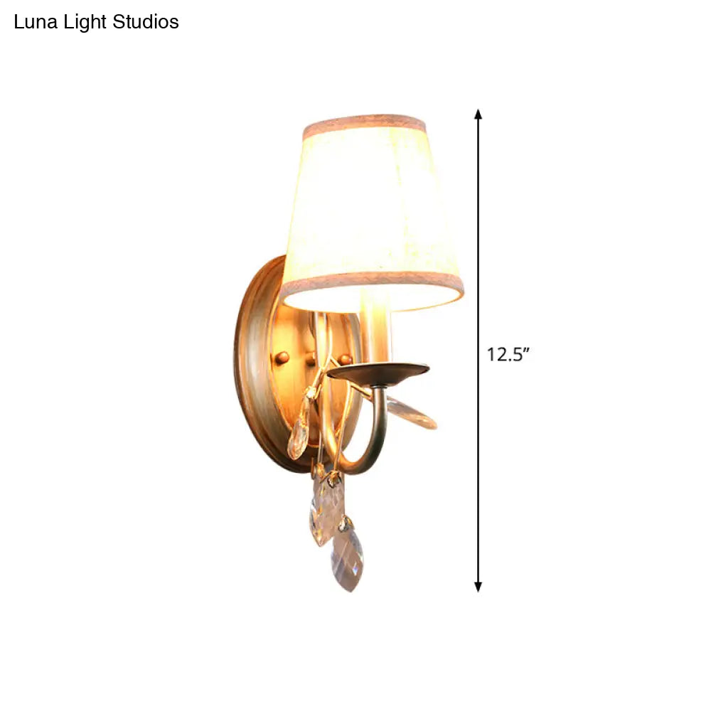 Contemporary Gold Cone Wall Sconce With Crystal Drop And Fabric Shade