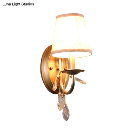 Contemporary Gold Cone Wall Sconce With Crystal Drop And Fabric Shade