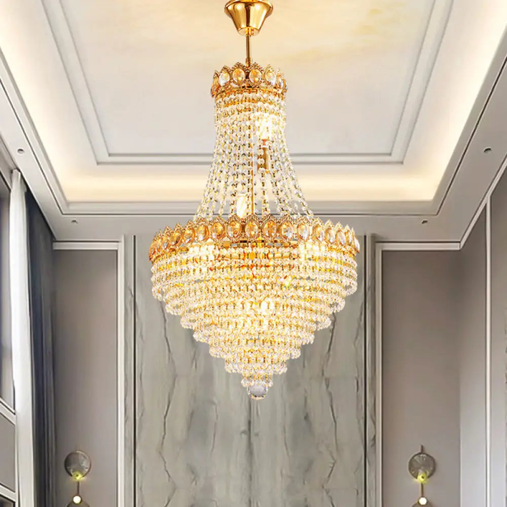 Contemporary Gold Crystal Ceiling Chandelier With Conical Down Lighting - Ideal For Parlor 5/8-Bulb