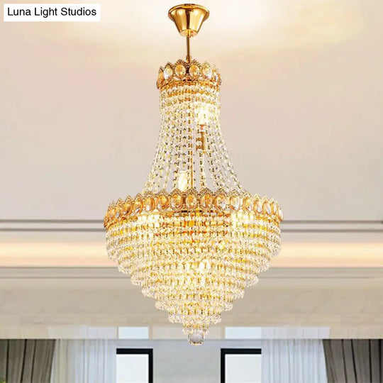 Contemporary Gold Crystal Ceiling Chandelier With Conical Down Lighting - Ideal For Parlor 5/8-Bulb