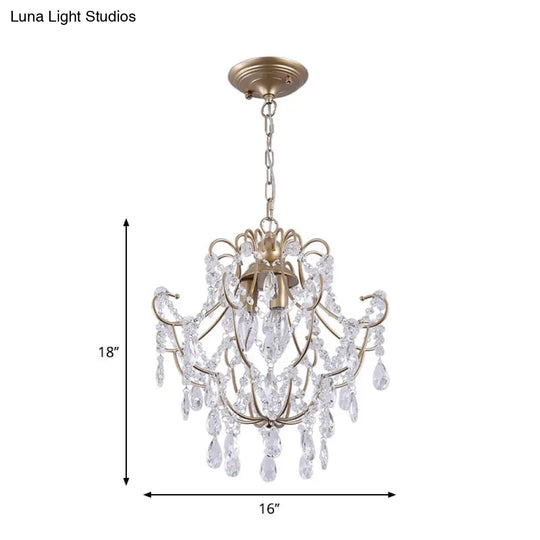 Contemporary Gold Chandelier With 3 Crystal Stands - Elegant Living Room Suspension Lighting