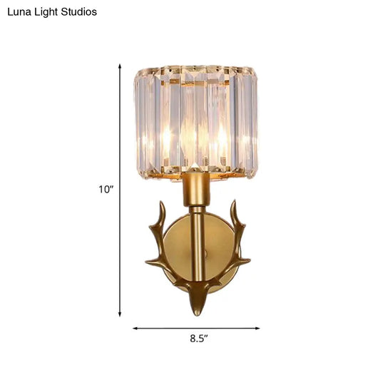 Contemporary Gold Crystal Cylinder Wall Sconce With Antler Decor 1 Bulb Living Room Light