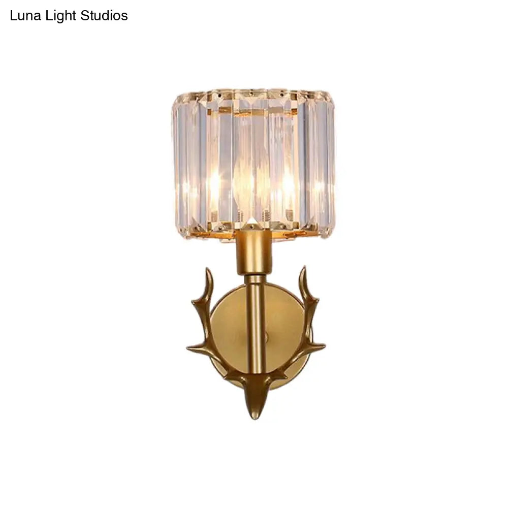 Contemporary Gold Crystal Cylinder Wall Sconce With Antler Decor 1 Bulb Living Room Light