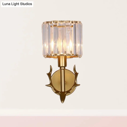 Contemporary Gold Crystal Cylinder Wall Sconce With Antler Decor 1 Bulb Living Room Light