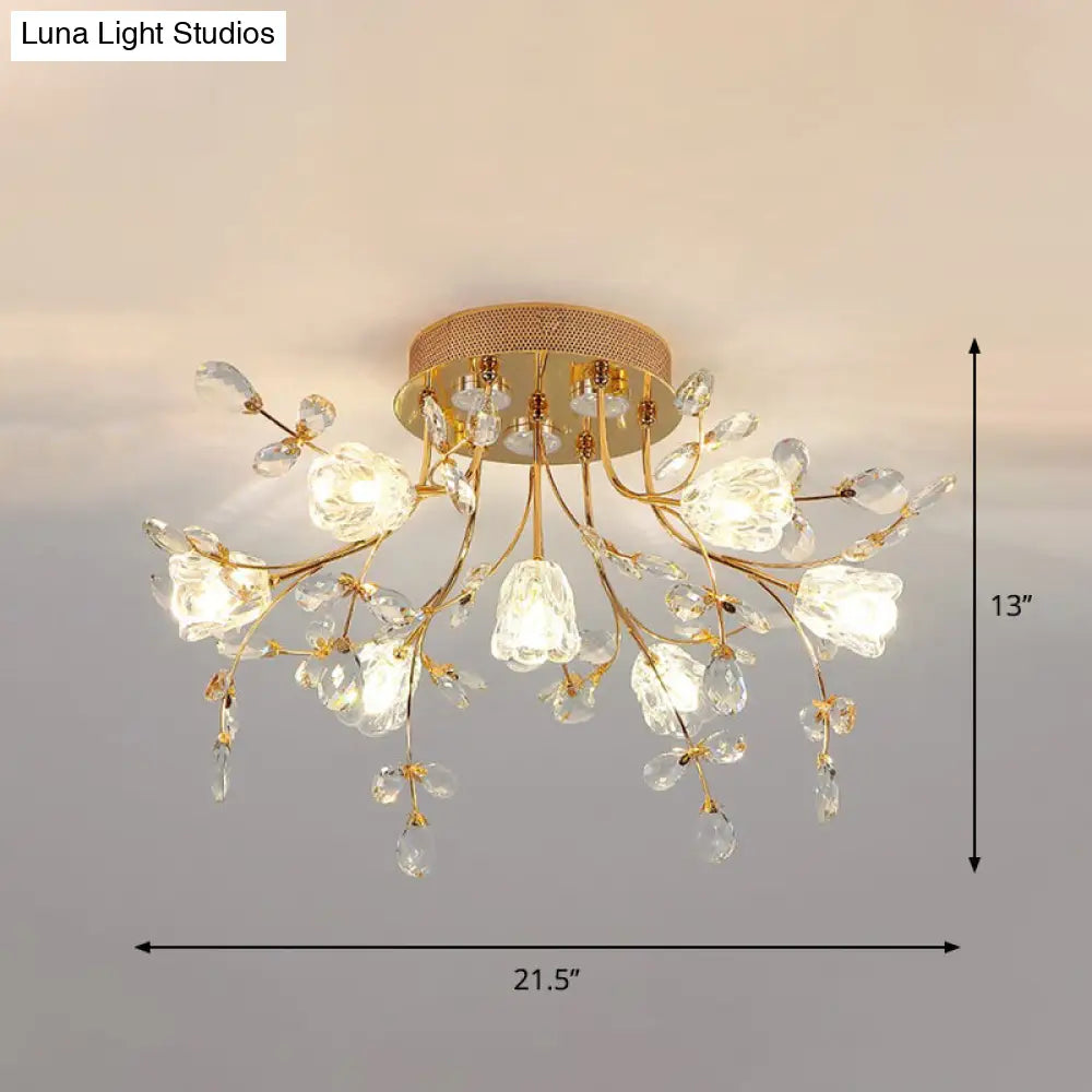 Contemporary Gold Crystal Flush Mount Lamp - 7 - Head Bedroom Lighting
