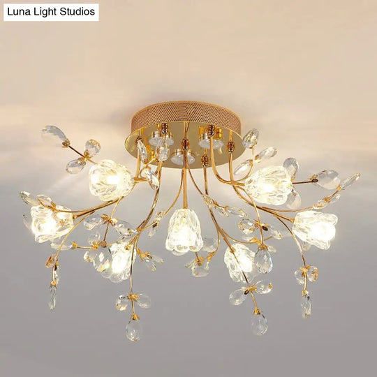 Contemporary Gold Crystal Flush Mount Lamp - 7-Head Bedroom Lighting