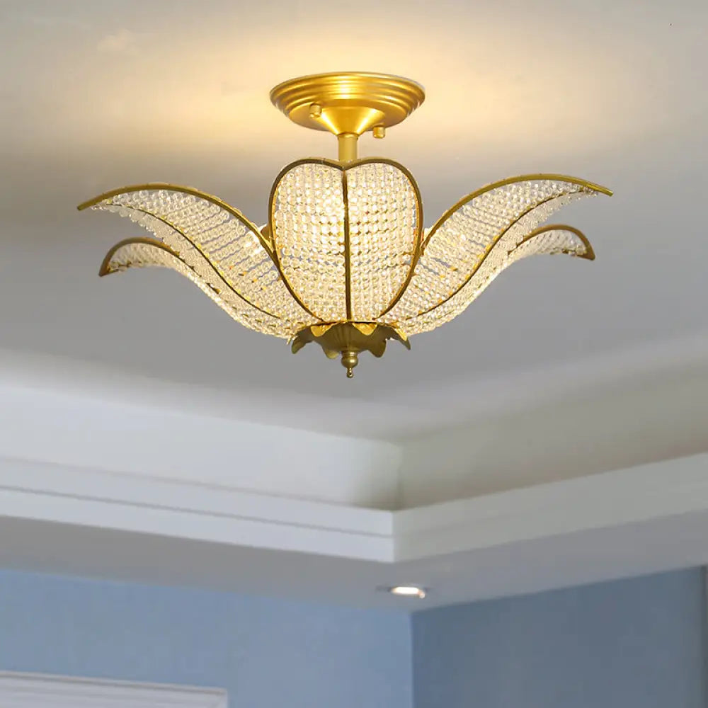 Contemporary Gold Crystal Flush Mount Lighting Fixture For Living Room Ceiling - 3-Light