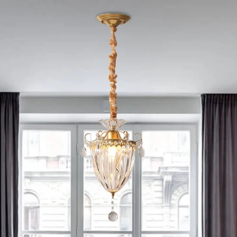 Contemporary Gold Crystal Lantern Suspension Lamp - Head Down Lighting Pendant For Parlour