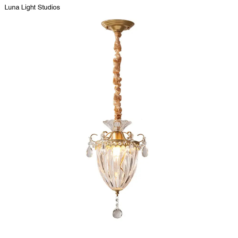 Contemporary Gold Crystal Lantern Suspension Lamp - Head Down Lighting Pendant For Parlour