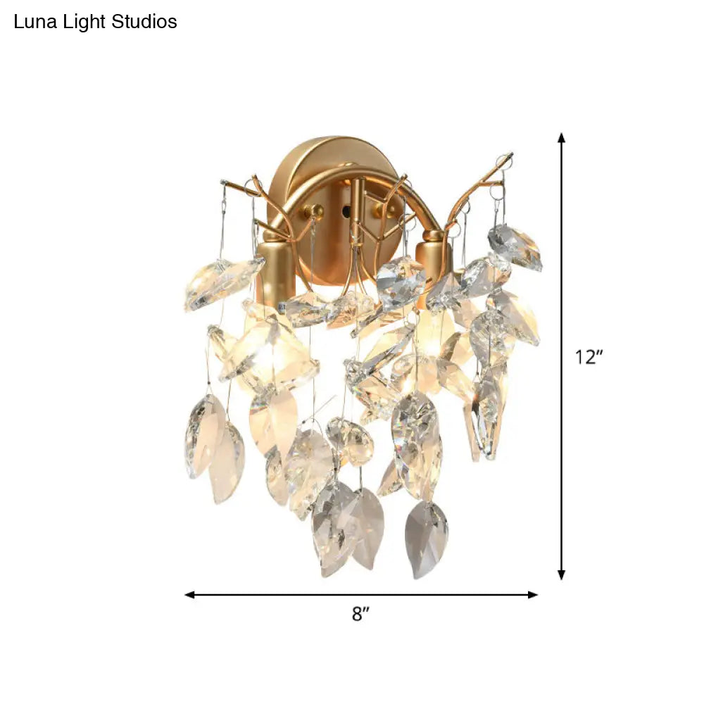 Contemporary Gold Crystal Leaf Wall Lamp With 2 Bulbs - Mounted Lighting For Living Room