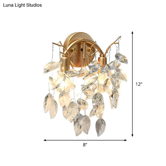 Contemporary Gold Crystal Leaf Wall Lamp With 2 Bulbs - Mounted Lighting For Living Room