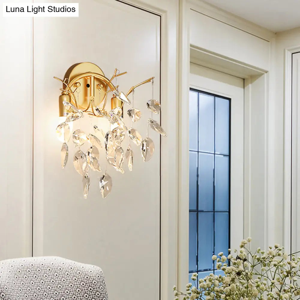 Contemporary Gold Crystal Leaf Wall Lamp With 2 Bulbs - Mounted Lighting For Living Room