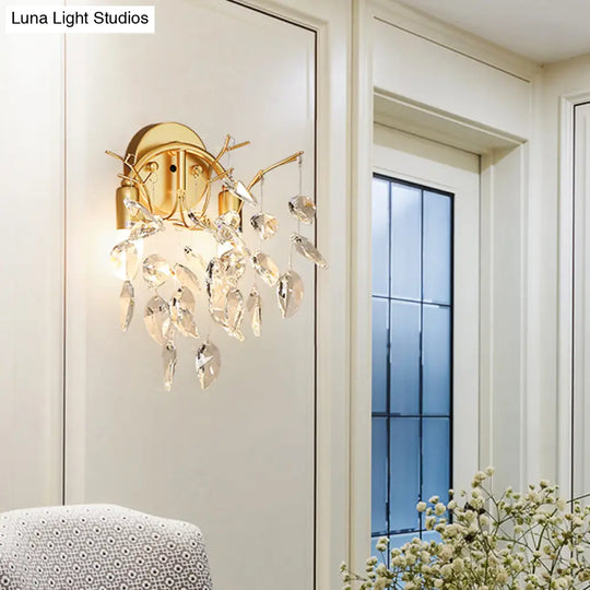 Contemporary Gold Crystal Leaf Wall Lamp With 2 Bulbs - Mounted Lighting For Living Room