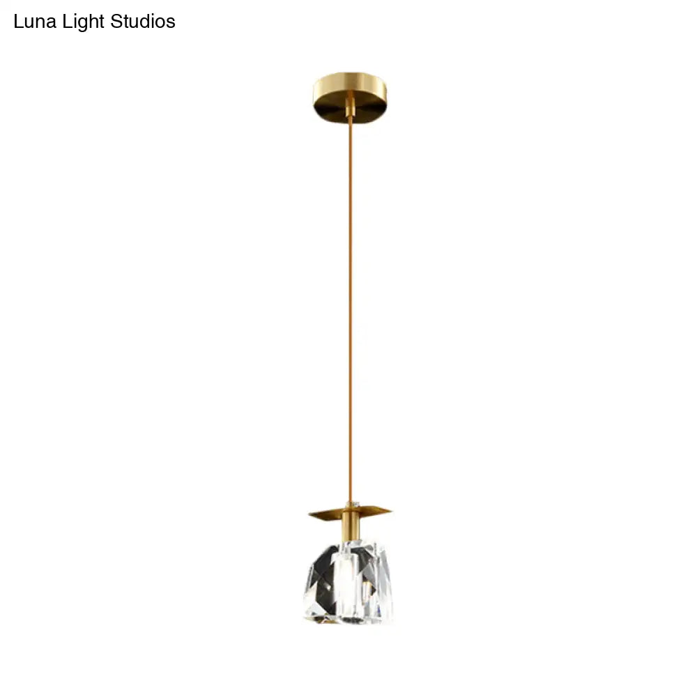 Contemporary Gold Mini Ceiling Pendant With Clear Crystal Cube Suspension - Bedroom Lighting