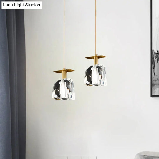 Contemporary Gold Mini Ceiling Pendant With Clear Crystal Cube Suspension - Bedroom Lighting