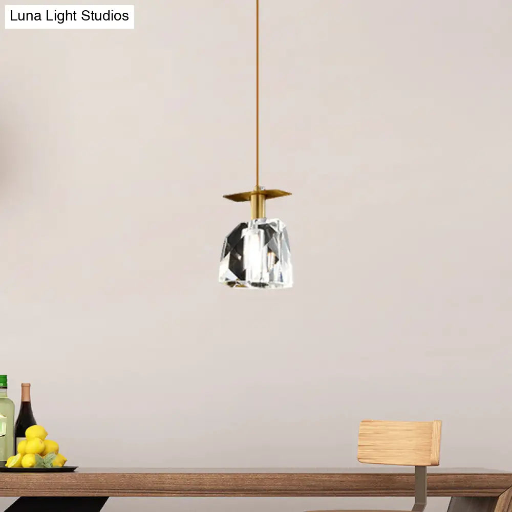 Contemporary Gold Mini Ceiling Pendant With Clear Crystal Cube Suspension - Bedroom Lighting