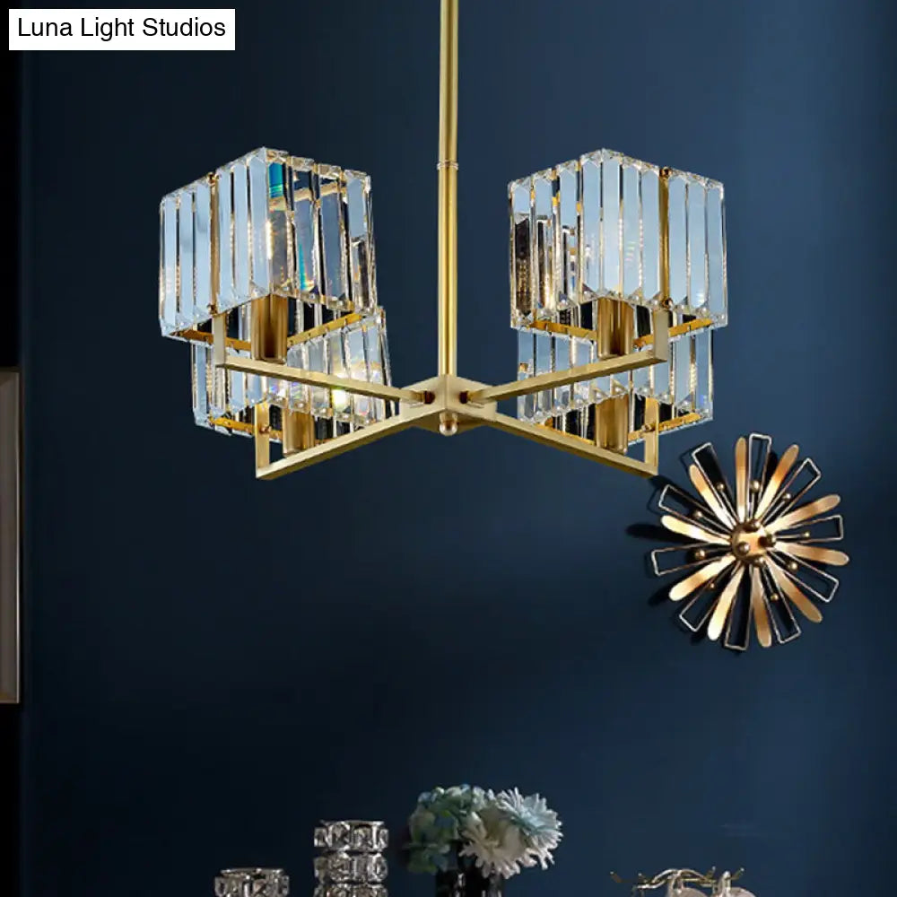 Contemporary Gold Cuboid Crystal Chandelier - 4/6 Head Pendant Light Fixture For Bedroom 4 /