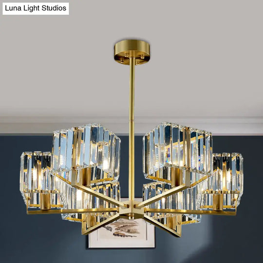 Contemporary Gold Cuboid Crystal Chandelier - 4/6 Head Pendant Light Fixture For Bedroom