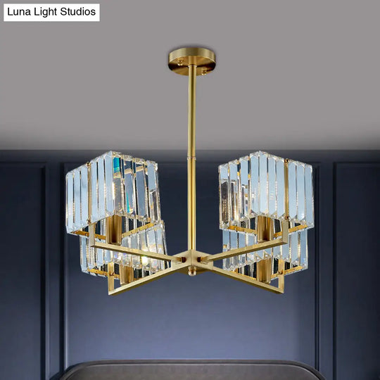 Contemporary Gold Cuboid Crystal Chandelier Light With 4 Or 6 Pendant Heads For Bedroom Fixture