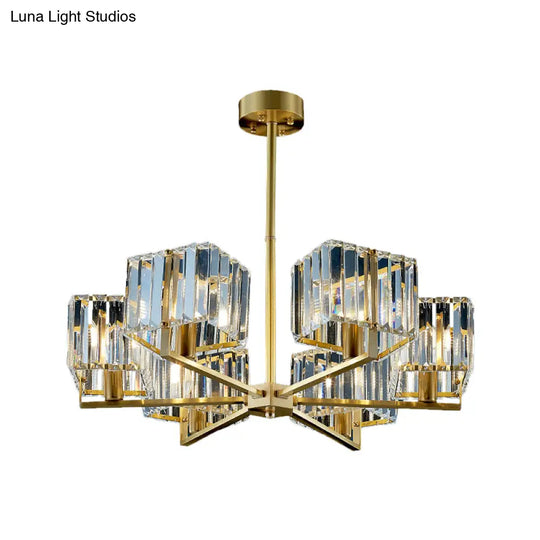 Contemporary Gold Cuboid Crystal Chandelier Light With 4 Or 6 Pendant Heads For Bedroom Fixture