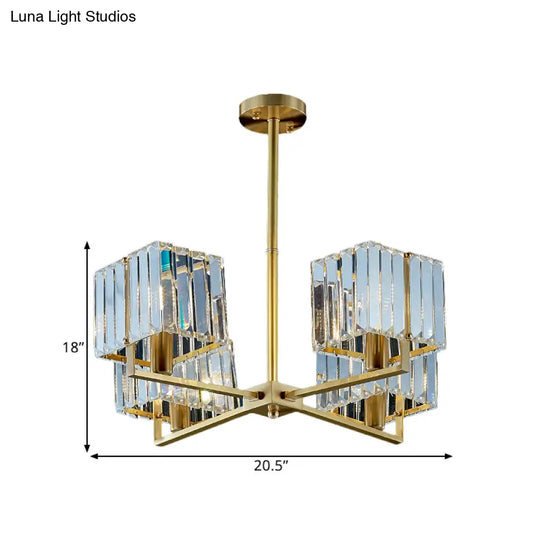 Contemporary Gold Cuboid Crystal Chandelier Light With 4 Or 6 Pendant Heads For Bedroom Fixture