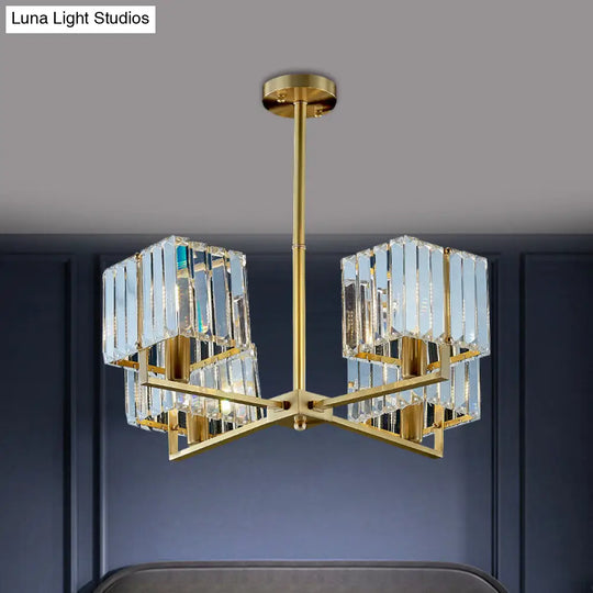 Contemporary Gold Cuboid Crystal Chandelier - 4/6 Head Pendant Light Fixture For Bedroom