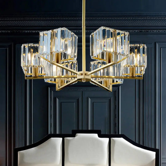 Contemporary Gold Cuboid Crystal Chandelier Light With 4 Or 6 Pendant Heads For Bedroom Fixture /