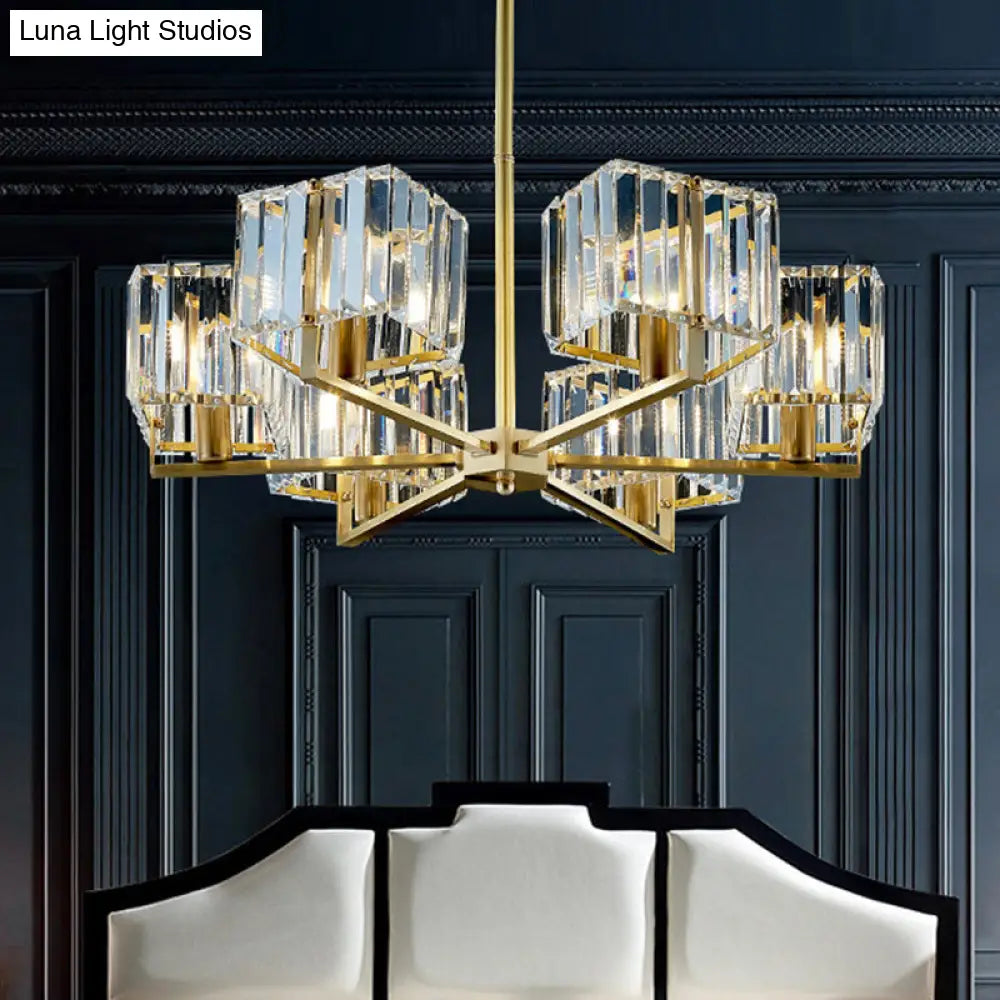 Contemporary Gold Cuboid Crystal Chandelier - 4/6 Head Pendant Light Fixture For Bedroom 6 /