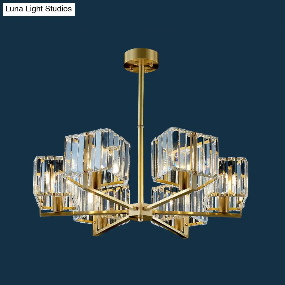 Contemporary Gold Cuboid Crystal Chandelier - 4/6 Head Pendant Light Fixture For Bedroom