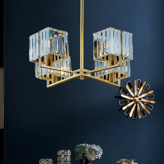 Contemporary Gold Cuboid Crystal Chandelier Light With 4 Or 6 Pendant Heads For Bedroom Fixture /