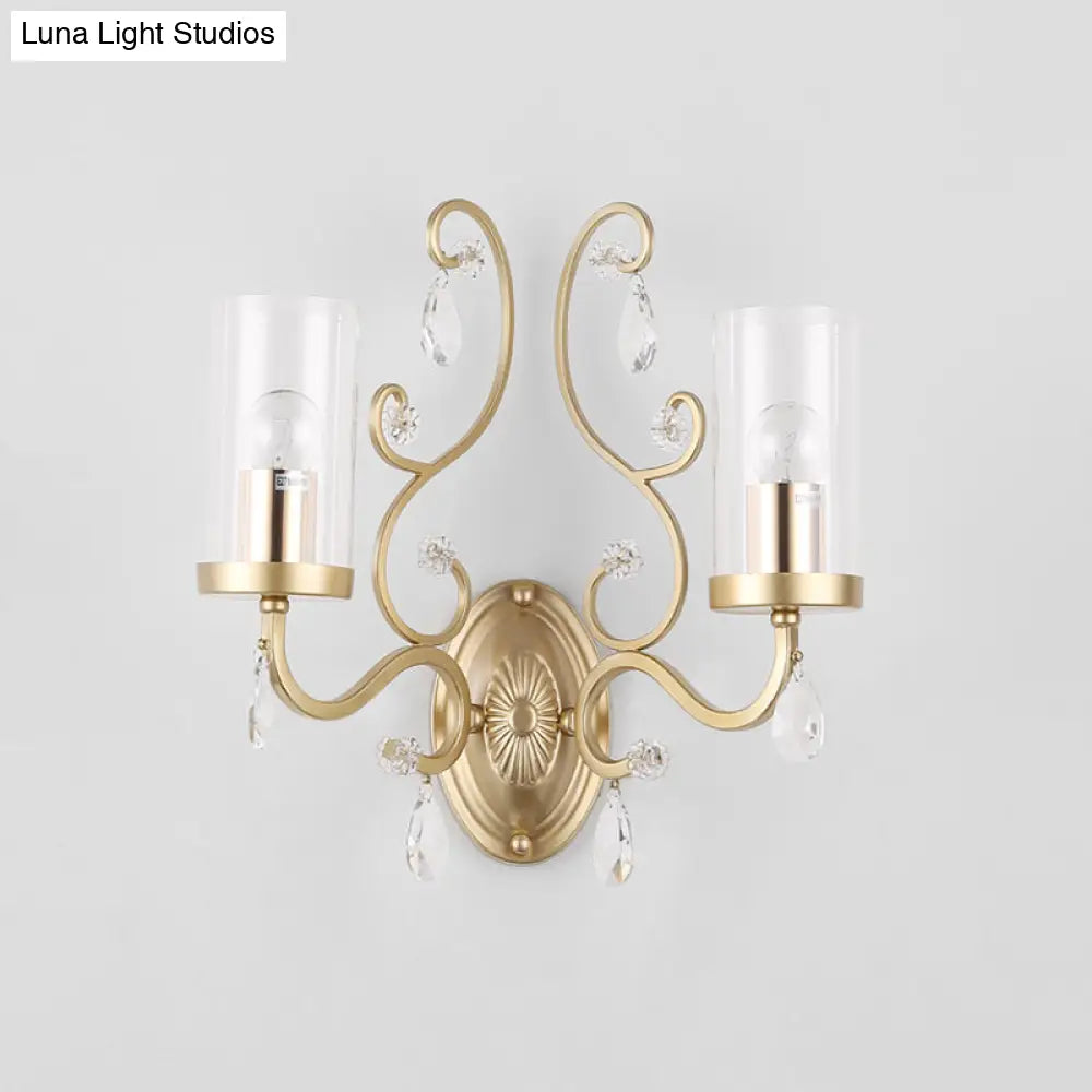 Contemporary Gold Cylinder Glass Wall Sconce Light For Sleeping Room - 1/2 Heads Mounted Lamp