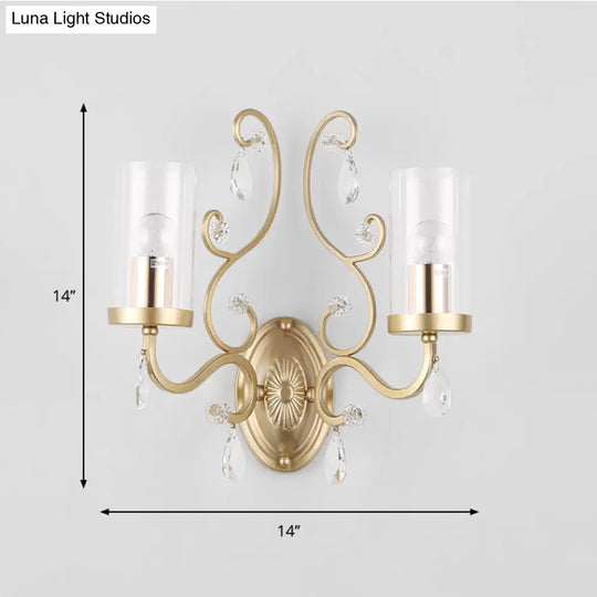 Contemporary Gold Cylinder Glass Wall Sconce Light For Sleeping Room - 1/2 Heads Mounted Lamp