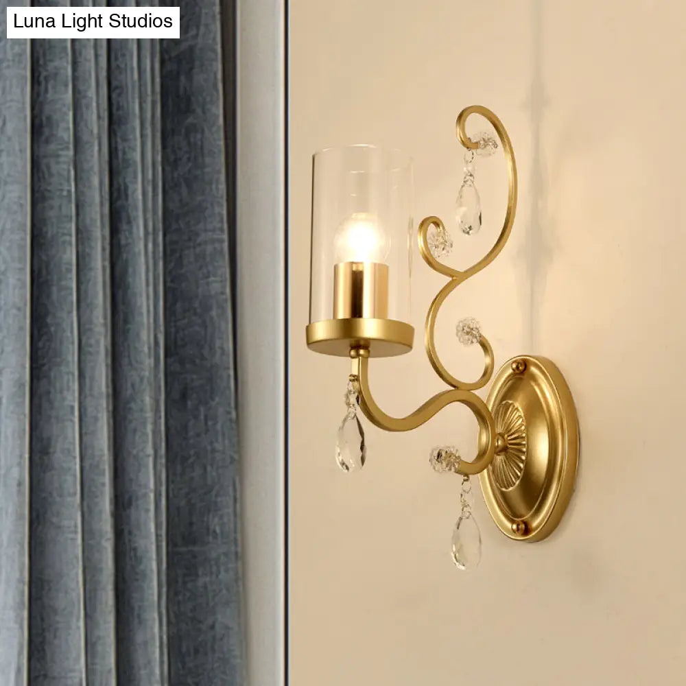 Contemporary Gold Cylinder Glass Wall Sconce Light For Sleeping Room - 1/2 Heads Mounted Lamp