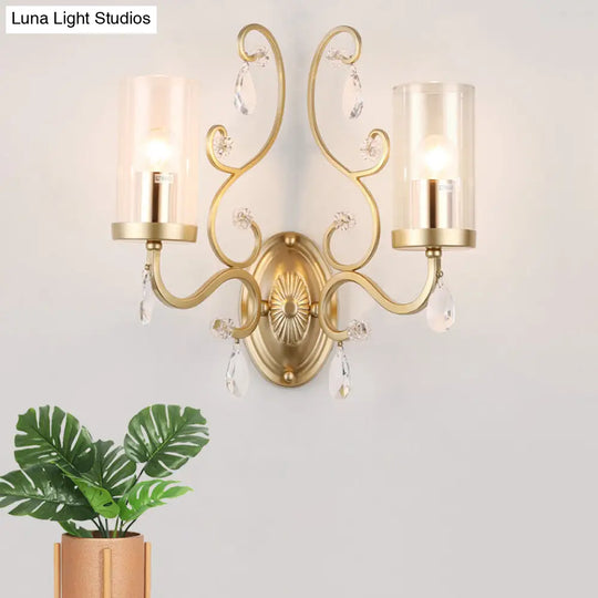 Contemporary Gold Cylinder Glass Wall Sconce Light For Sleeping Room - 1/2 Heads Mounted Lamp