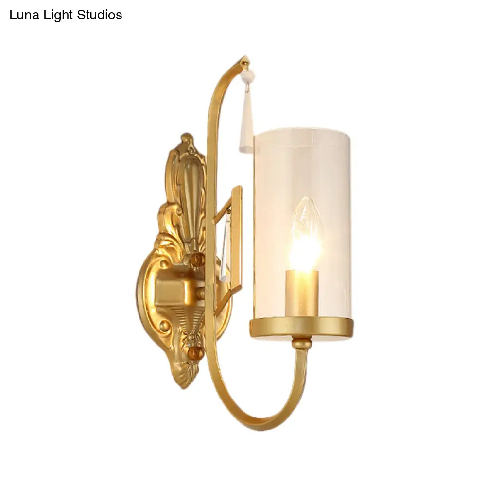 Contemporary Gold Cylinder Sconce Wall Light With Clear Glass Shade