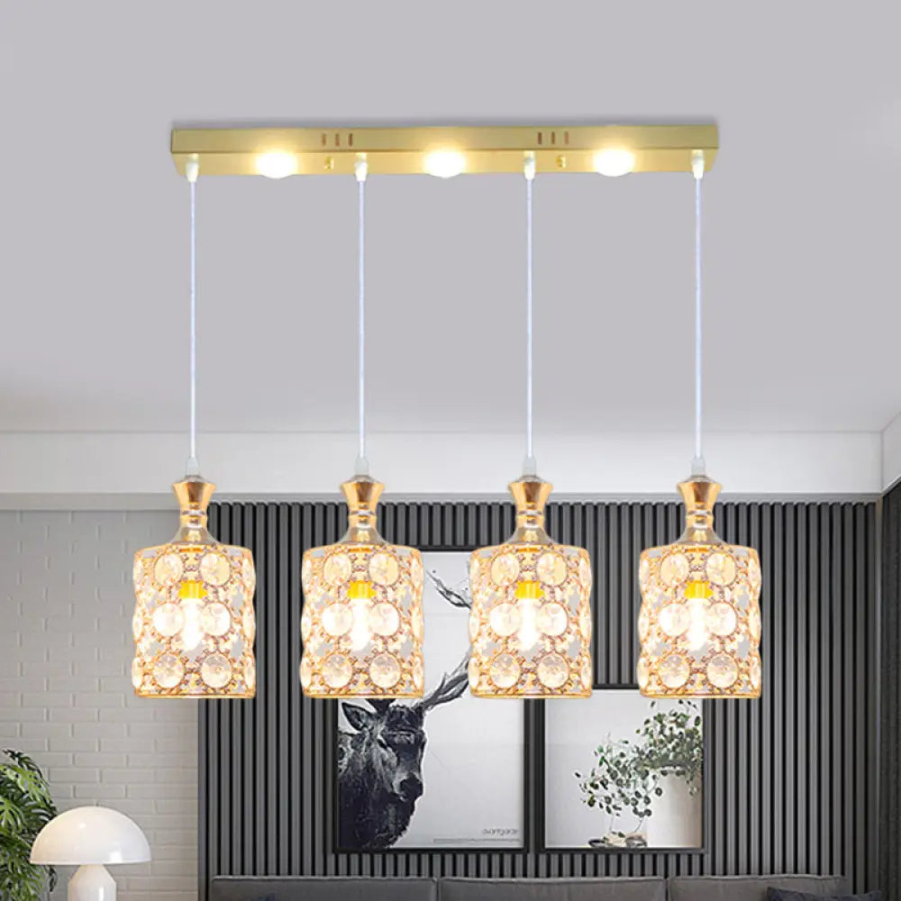 Contemporary Gold Cylinder Shape Pendant Light - 4-Light With Beveled K9 Crystal