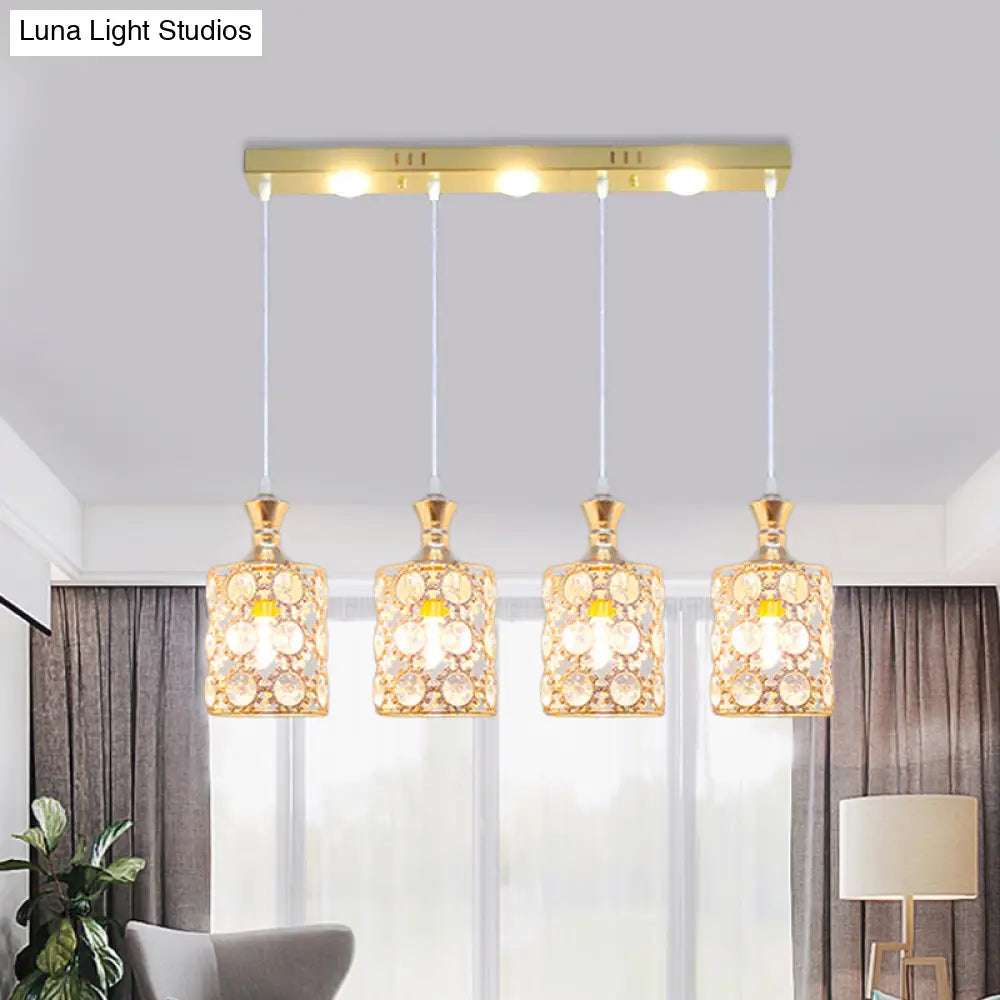 Contemporary Gold Cylinder Shape Pendant Light - 4-Light With Beveled K9 Crystal