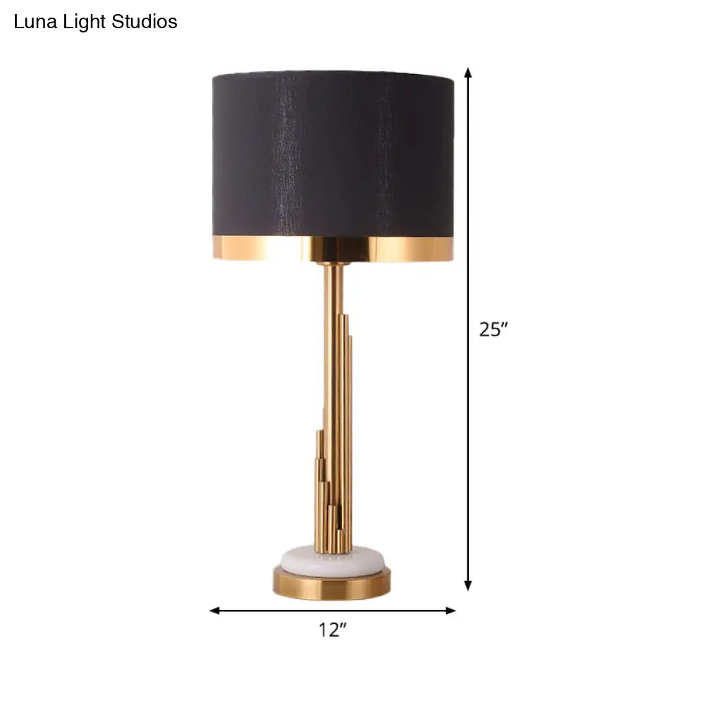 Contemporary Gold Cylindrical Night Table Lamp With Black Fabric Shade - 1 Bulb Task Lighting