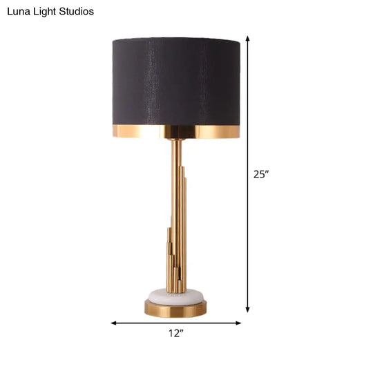 Contemporary Gold Cylindrical Night Table Lamp With Black Fabric Shade - 1 Bulb Task Lighting