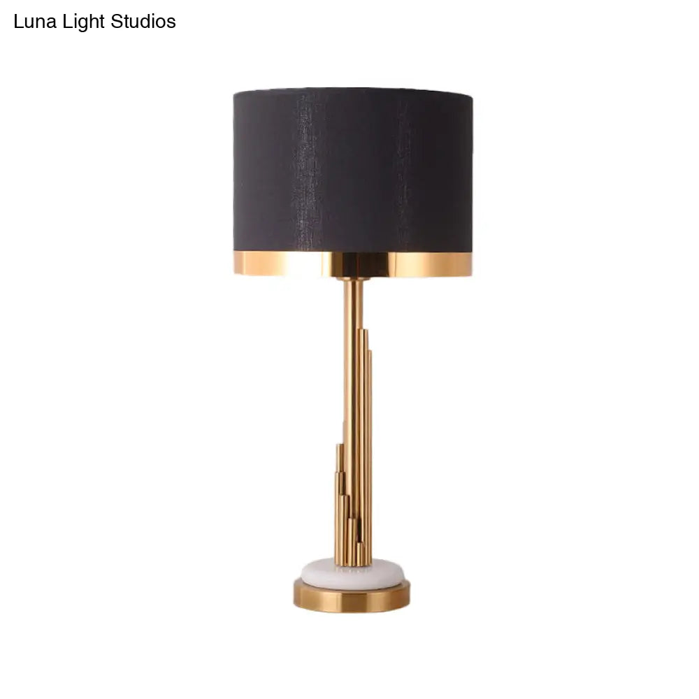 Contemporary Gold Cylindrical Night Table Lamp With Black Fabric Shade - 1 Bulb Task Lighting