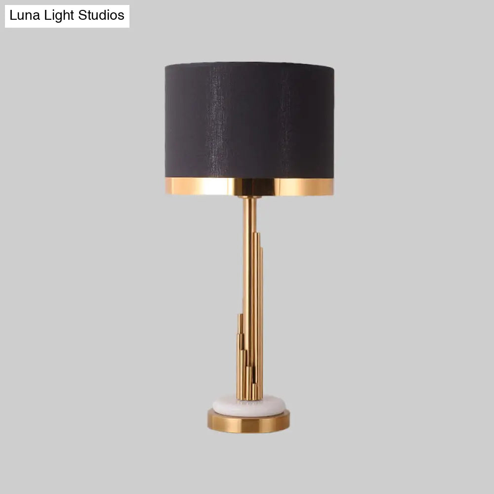 Contemporary Gold Cylindrical Night Table Lamp With Black Fabric Shade - 1 Bulb Task Lighting