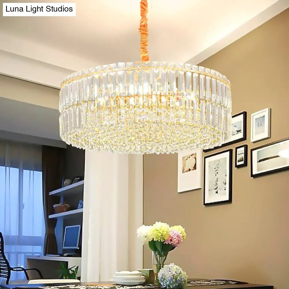 Contemporary Gold Drum Chandelier Light 6/8 Lights Rectangular-Cut Crystal 19.5/23.5 Wide / 19.5