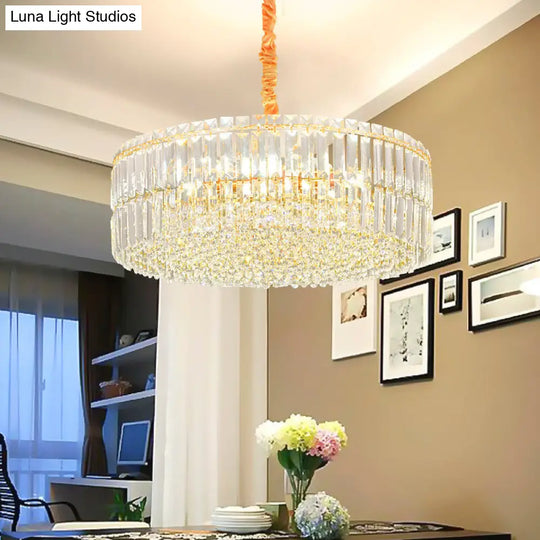 Contemporary Gold Drum Chandelier Light 6/8 Lights Rectangular-Cut Crystal 19.5/23.5 Wide / 19.5