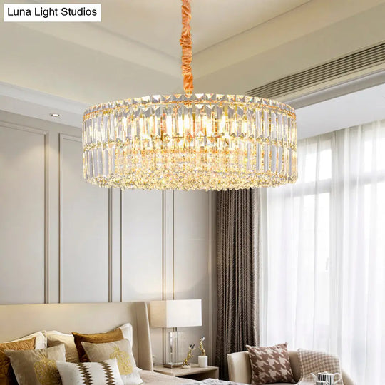 Contemporary Gold Drum Chandelier Light | 6/8 Lights Rectangular-Cut Crystal Ceiling Hanging