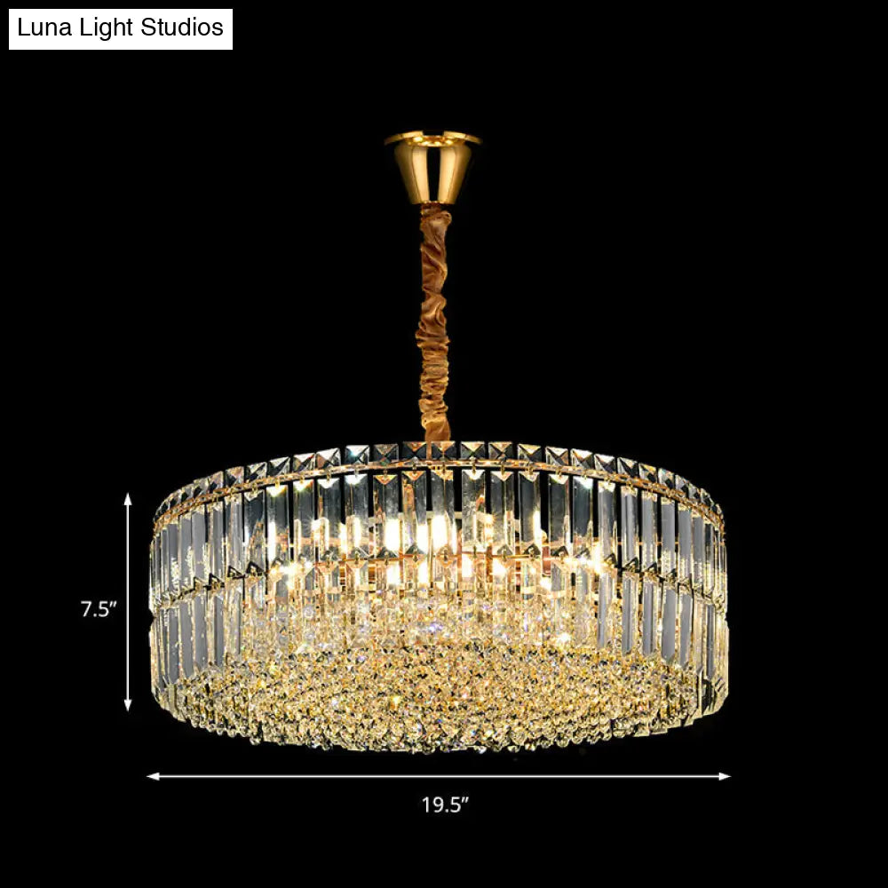 Contemporary Gold Drum Chandelier Light 6/8 Lights Rectangular-Cut Crystal 19.5/23.5 Wide