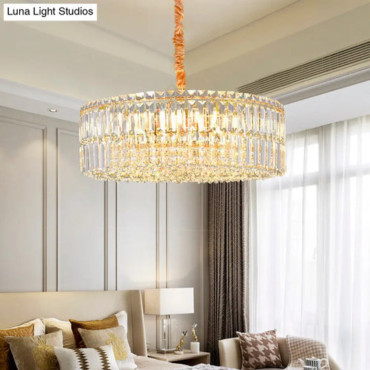 Contemporary Gold Drum Chandelier Light 6/8 Lights Rectangular-Cut Crystal 19.5/23.5 Wide